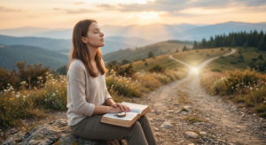 Mulher a meditar com a Bíblia aberta perto de uma bifurcação ao pôr do sol, representando o discernimento e como ouvir a voz de Deus para tomar decisões.