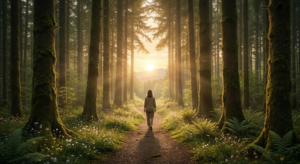 Caminho tranquilo numa floresta ao amanhecer com luz dourada do sol, representando a força da fé no luto, o consolo e a esperança de recomeçar.