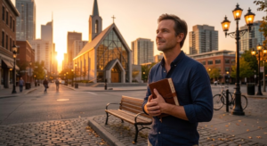 Homem sentado sozinho num banco de madeira num terraço urbano ao pôr do sol, em profunda reflexão e oração, buscando paz interior para lidar com as injustiças da vida.