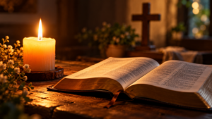 Vela acesa junto à Bíblia Sagrada simbolizando a renovação da fé e o combate à preguiça espiritual - Minutos de Paz
