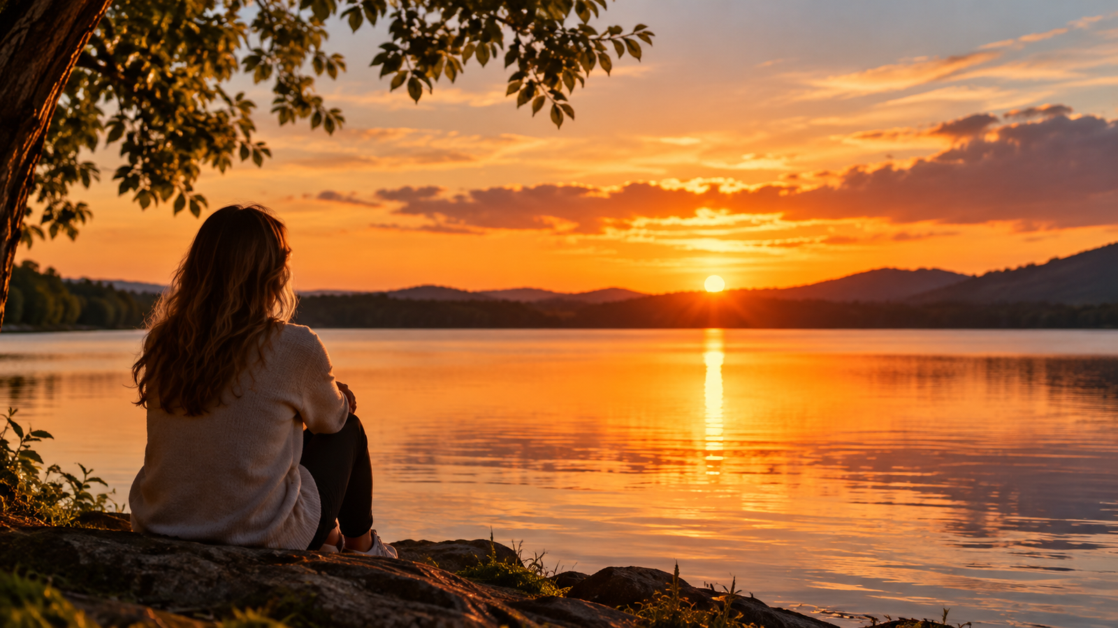 Pessoa contemplando lago calmo ao por do sol em oracao para ter paciencia e serenidade - Minutos de Paz