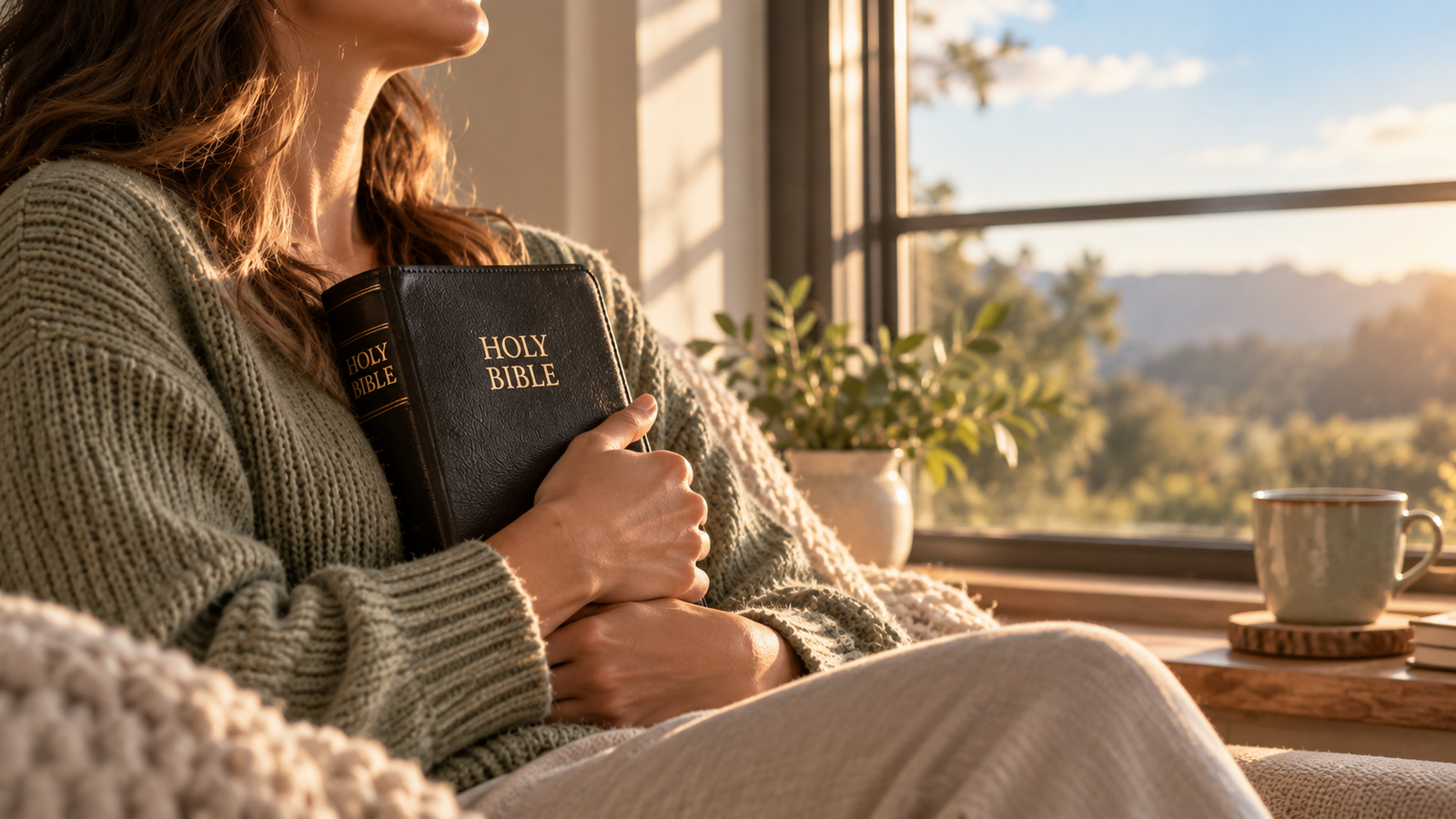Pessoa a segurar a Biblia sagrada sob a luz do sol em oracao pela cura da saude e fortalecimento - Minutos de Paz