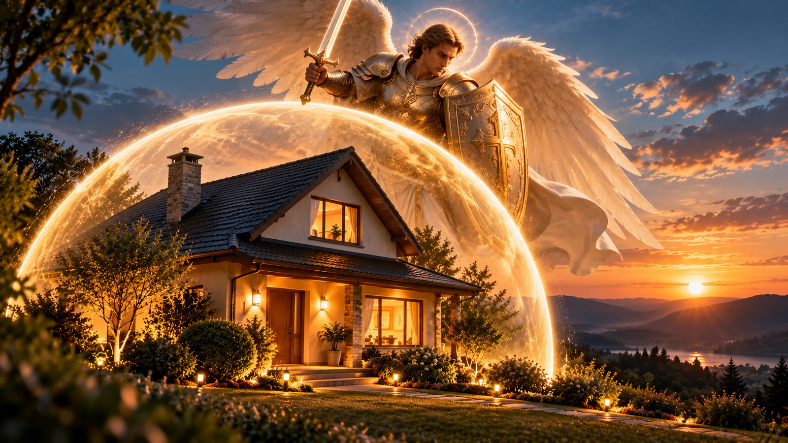 Casa iluminada ao por do sol simbolizando a oracao do livramento e protecao divina para a familia - Minutos de Paz