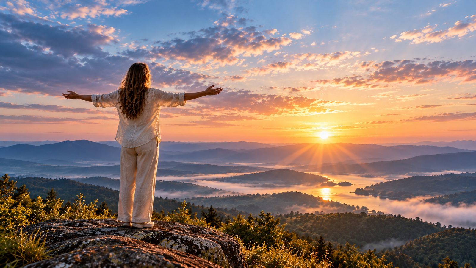 Pessoa no topo de uma colina ao nascer do sol representando a oracao do desapego e libertacao espiritual - Minutos de Paz